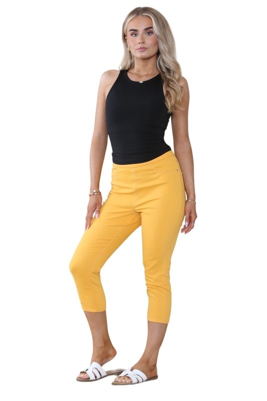 Women's Orange Peel High Waist Skinny Fit Stretch Cropped Capri Jeans Denim Jeggings with Elasticated Waist - Casual Summer Trousers Three Quarter 3/4 Length Pull On Cut Off - Leggings - British D'sire