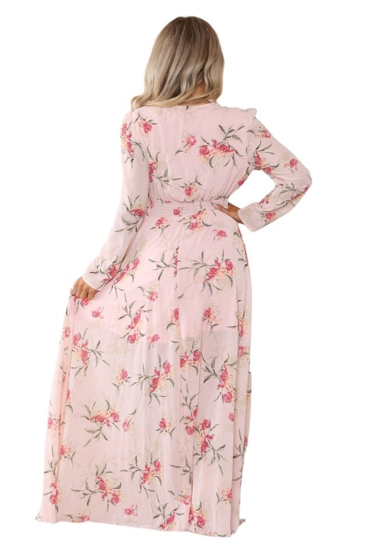 Women's Peach Pink Floral Print V Neck A - Line Maxi Dress, Elegant Casual Swing Frock Summer Wrap Elasticated Waist Sundress Beach Party Club Outing - Maxi Dress - British D'sire