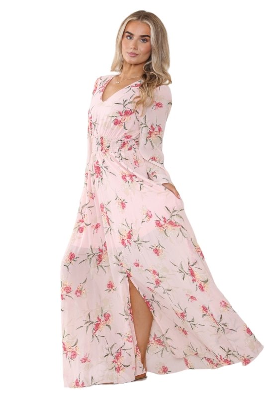 Women's Peach Pink Floral Print V Neck A - Line Maxi Dress, Elegant Casual Swing Frock Summer Wrap Elasticated Waist Sundress Beach Party Club Outing - Maxi Dress - British D'sire