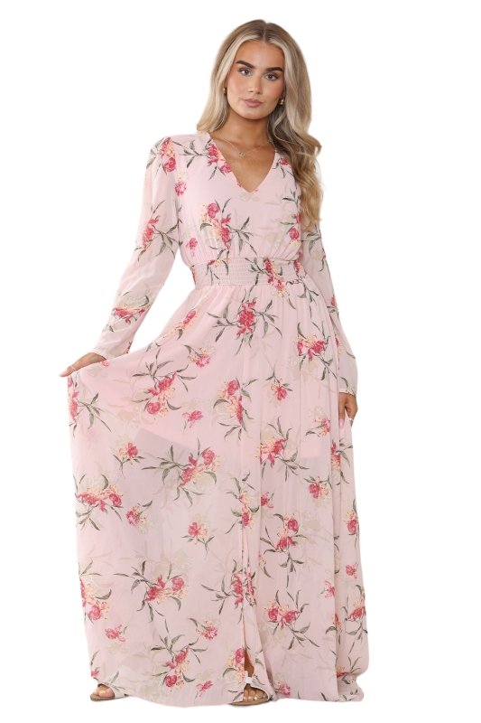 Women's Peach Pink Floral Print V Neck A - Line Maxi Dress, Elegant Casual Swing Frock Summer Wrap Elasticated Waist Sundress Beach Party Club Outing - Maxi Dress - British D'sire