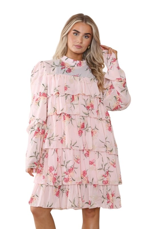 Women's Peach Pink Mock Neck Floral Flowy Ruffle Pleated Layered Mini Short Dress - Casual Elegant Double - Layered Puffed Bell Sleeve Swing Smocked Sundress for Holidays and Beach - mini dress - British D'sire