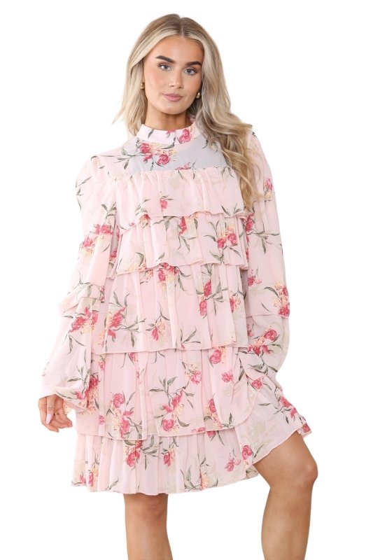 Women's Peach Pink Mock Neck Floral Flowy Ruffle Pleated Layered Mini Short Dress - Casual Elegant Double - Layered Puffed Bell Sleeve Swing Smocked Sundress for Holidays and Beach - mini dress - British D'sire