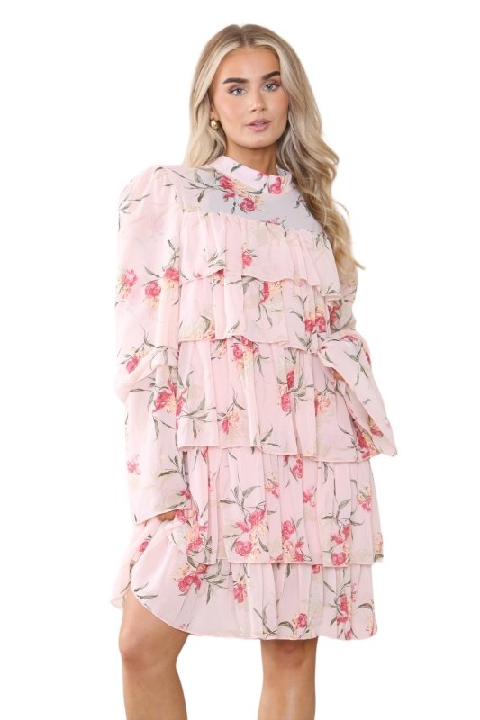 Women's Peach Pink Mock Neck Floral Flowy Ruffle Pleated Layered Mini Short Dress - Casual Elegant Double - Layered Puffed Bell Sleeve Swing Smocked Sundress for Holidays and Beach - mini dress - British D'sire