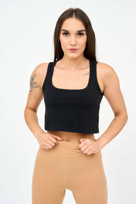 Women's Thick Straps U-Neck Crop Top in Black - Shirts & Tops - British D'sire