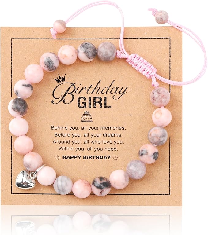 Xialvyu Girl Birthday Gifts, Bracelets for Teenage Girls, Pink Natural Stone Bracelet Gifts for Teenage Girls with Heart Charm for Girls - Kids Jewellery - British D'sire