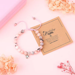 Xialvyu Girl Birthday Gifts, Bracelets for Teenage Girls, Pink Natural Stone Bracelet Gifts for Teenage Girls with Heart Charm for Girls - Kids Jewellery - British D'sire