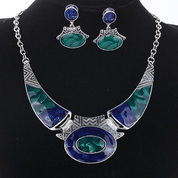 YAZILIND Ethnic Dark Blue Green Embossed Tibetan Sliver Bib Collar Earrings Necklace Jewelry Set Women - Jewellery & Watches - British D'sire