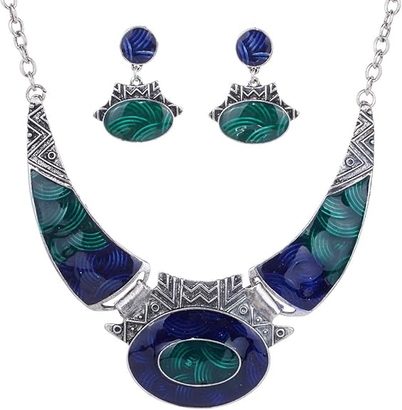 YAZILIND Ethnic Dark Blue Green Embossed Tibetan Sliver Bib Collar Earrings Necklace Jewelry Set Women - Jewellery & Watches - British D'sire