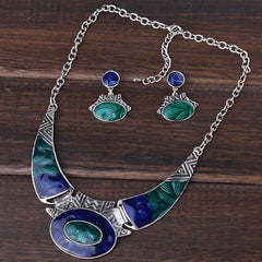 YAZILIND Ethnic Dark Blue Green Embossed Tibetan Sliver Bib Collar Earrings Necklace Jewelry Set Women - Jewellery & Watches - British D'sire