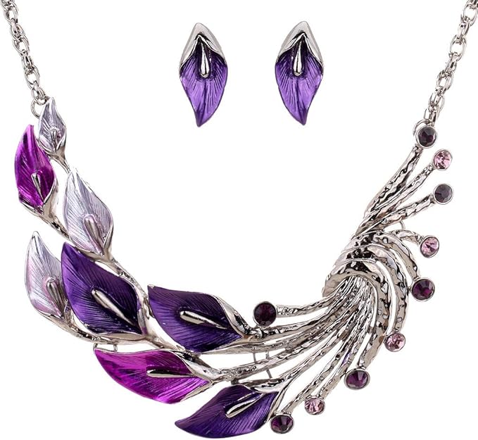 YAZILIND Ethnic Style Tibetan Silver Purple Peacock Crystal Chunky Bib Crystal Earrings Necklace Set Wedding Party - Jewellery & Watches - British D'sire