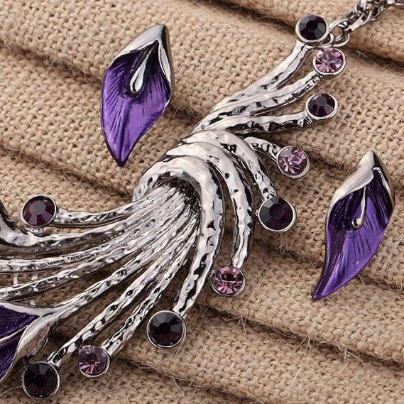 YAZILIND Ethnic Style Tibetan Silver Purple Peacock Crystal Chunky Bib Crystal Earrings Necklace Set Wedding Party - Jewellery & Watches - British D'sire