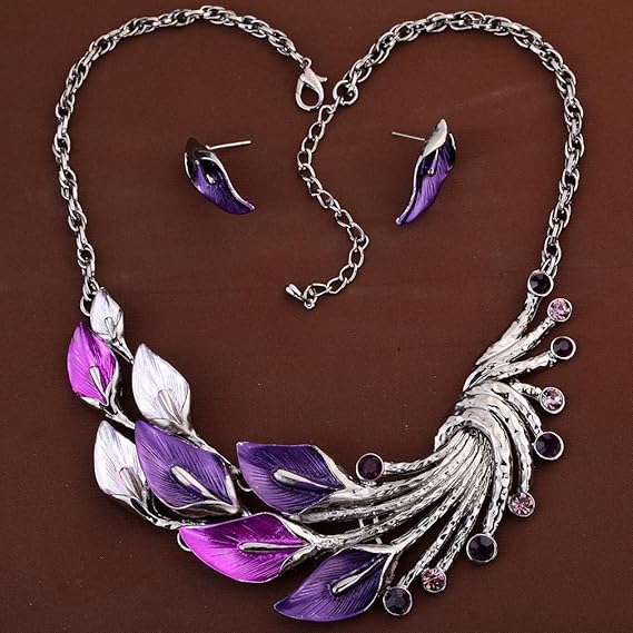 YAZILIND Ethnic Style Tibetan Silver Purple Peacock Crystal Chunky Bib Crystal Earrings Necklace Set Wedding Party - Jewellery & Watches - British D'sire