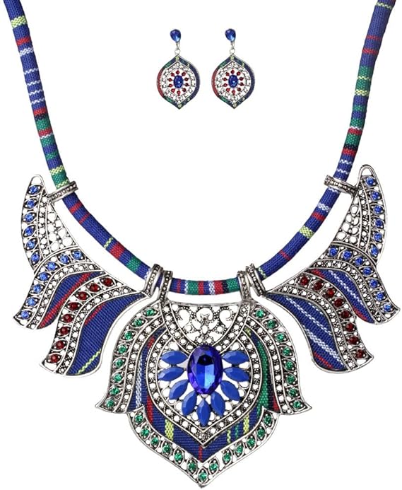 YAZILIND Women's Bohemian Necklace Earrings Tribal Novelty Jewelry Set Chunky Chain Bib Statement Multicolour Rainbow Beads Statement Necklace - Jewellery & Watches - British D'sire