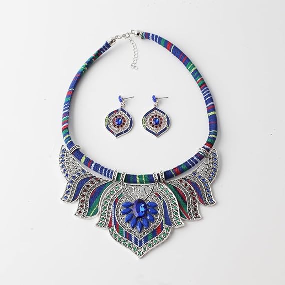 YAZILIND Women's Bohemian Necklace Earrings Tribal Novelty Jewelry Set Chunky Chain Bib Statement Multicolour Rainbow Beads Statement Necklace - Jewellery & Watches - British D'sire