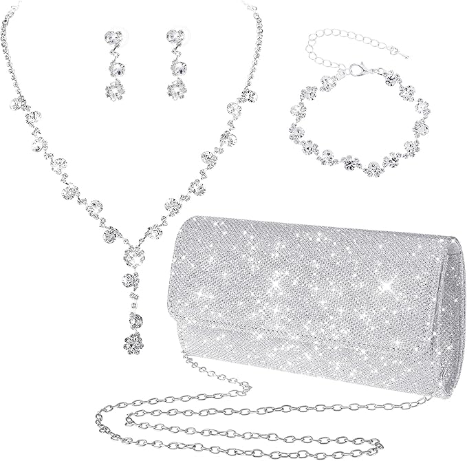 Yolev Bridal Wedding Jewelry Set Silver Clutch Purse Bag Evening Bag Rhinestone Jewelry Set Necklace Earrings Bracelet Prom Jewelry Set for Brides Bridesmaid - Jewellery Sets - British D'sire