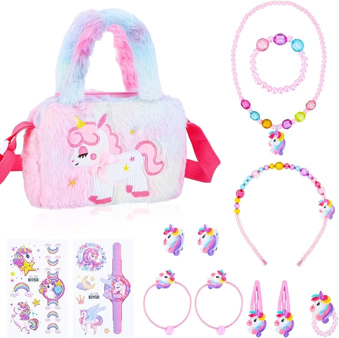 Zuimei Unicorn Jewellery Set for Girls, Unicorn Crossbody Bag with Jewelry Sets Unicorn Handbag Bracelets Necklaces Kids Dress Up Jewelry Unicorn Gifts for Girls 2 3 4 5 6 7 8 Year Old - Kids Jewellery - British D'sire