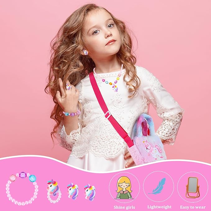 Zuimei Unicorn Jewellery Set for Girls, Unicorn Crossbody Bag with Jewelry Sets Unicorn Handbag Bracelets Necklaces Kids Dress Up Jewelry Unicorn Gifts for Girls 2 3 4 5 6 7 8 Year Old - Kids Jewellery - British D'sire