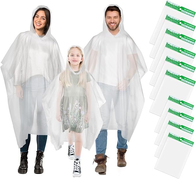 10 Poncho Waterproof, Rain Ponchos Family Pack, Disposable Rain Poncho for Adult & Kid, Unisex Clear Poncho with Drawstring Hood, Lightweight Rain Coat, Perfect for Disney, Hiking, Festivals - British D'sire