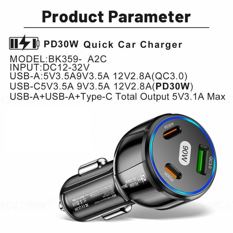 1USB+2PD 90W QC3.0 Car Charger (White) - Car Charger - British D'sire