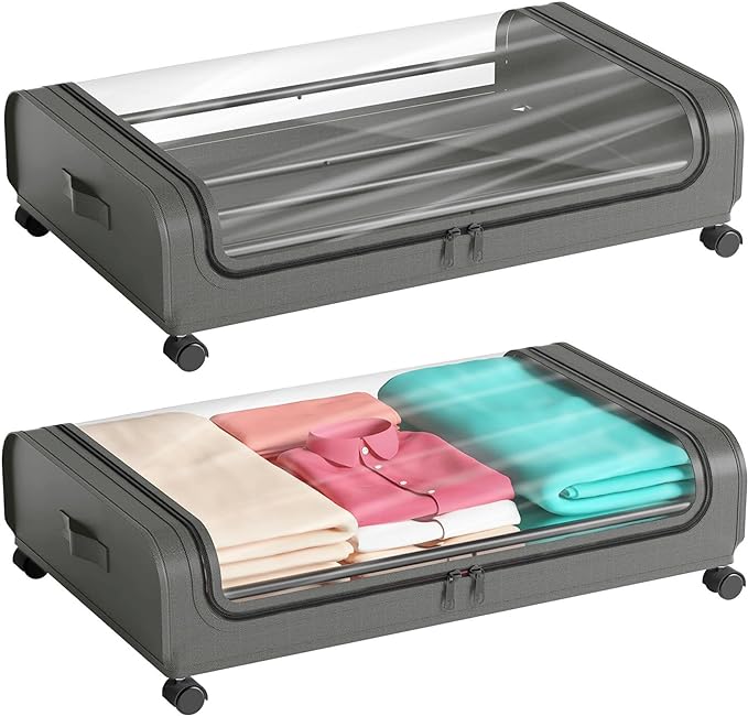 2 Pack Under Bed Storage with Wheels Lid 48L Rolling Metal Frame Underbed Containers Clear Window Storage Bag Box Organization Home Bedroom Organizer Drawer Bin for Clothes Shoes Toys Blankets Grey - British D'sire