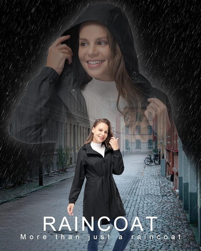 33,000ft Women's Rain Jacket Lightweight Hooded Long Rain Coat Waterproof Jacket Ladies Packable Functional Jacket Windbreaker Breathable Active Outdoor Coats - British D'sire