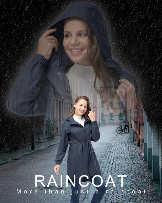 33,000ft Women's Rain Jacket Lightweight Hooded Long Rain Coat Waterproof Jacket Ladies Packable Functional Jacket Windbreaker Breathable Active Outdoor Coats - British D'sire