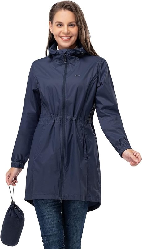 33,000ft Women's Rain Jacket Lightweight Hooded Long Rain Coat Waterproof Jacket Ladies Packable Functional Jacket Windbreaker Breathable Active Outdoor Coats - British D'sire