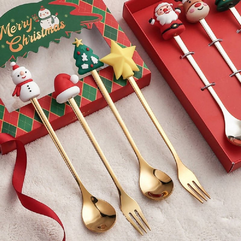 4pcs /Pack Christmas Cartoon Doll Stainless Steel Tableware, Style: D Spoon(Silver+Red Box) - Stainless Steel Tableware - British D'sire