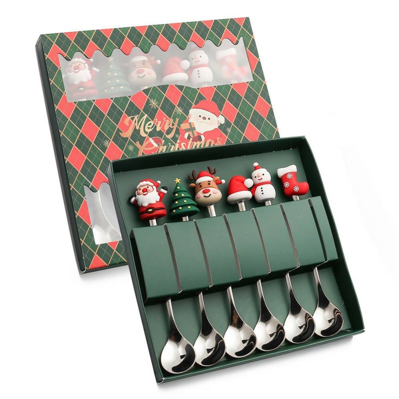 6pcs /Pack Christmas Cartoon Doll Stainless Steel Tableware, Style: D Silver Spoon+Green Box - Stainless Steel Tableware - British D'sire