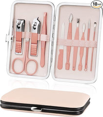 AOOWU Professional Manicure Set, 10pcs Portable Nail Clippers & Eyebrow Grooming Kit, Stainless Steel Nail Care Tools with Luxurious Leather Case for Travel & Home - British D'sire