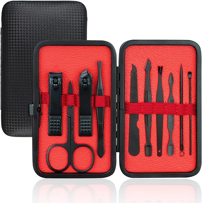 AOOWU Professional Manicure Set, 10pcs Portable Nail Clippers & Eyebrow Grooming Kit, Stainless Steel Nail Care Tools with Luxurious Leather Case for Travel & Home - British D'sire