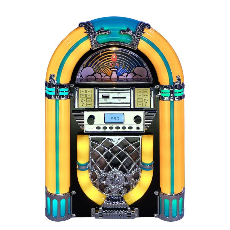 Arkrocket Athena Mini Jukebox/Tabletop CD Player/Bluetooth Speaker/Radio/USB and SD Card Player with Retro LED Lighting System - CD Player - British D'sire