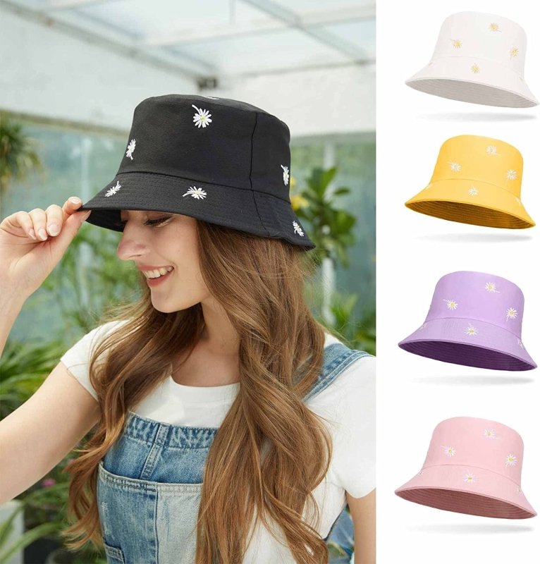 Bucket Hats Women - Ladies Bucket Sun Hat Daisy Embroidery Summer Fisherman Hat Reversible Bucket Hat Foldable Fisherman Hat for Teens Girls - Womens Headwear - British D'sire