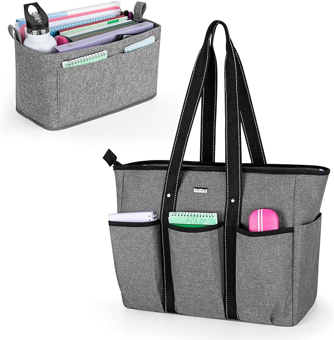 Damero Teacher Bag with Felt Organiser Insert, Teacher Utility Tote Bag with Laptop Sleeve for Work Travel School - British D'sire