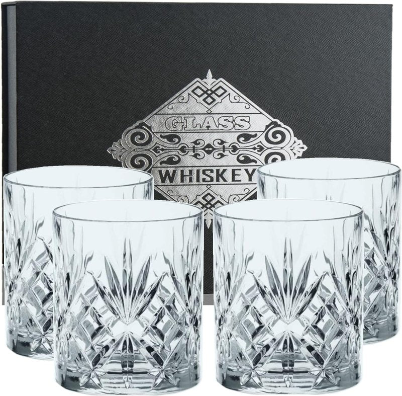 D&H Whiskey Glasses Set of 4 with an Elegant Gift Box - 11Oz/325ml Cocktail Glasses for Bourbon, Scotch, Cognac, Rocks Glasses Gift for Men, Old Fashioned Crystal Whisky Glass - Glasswares & Drinkwares - British D'sire