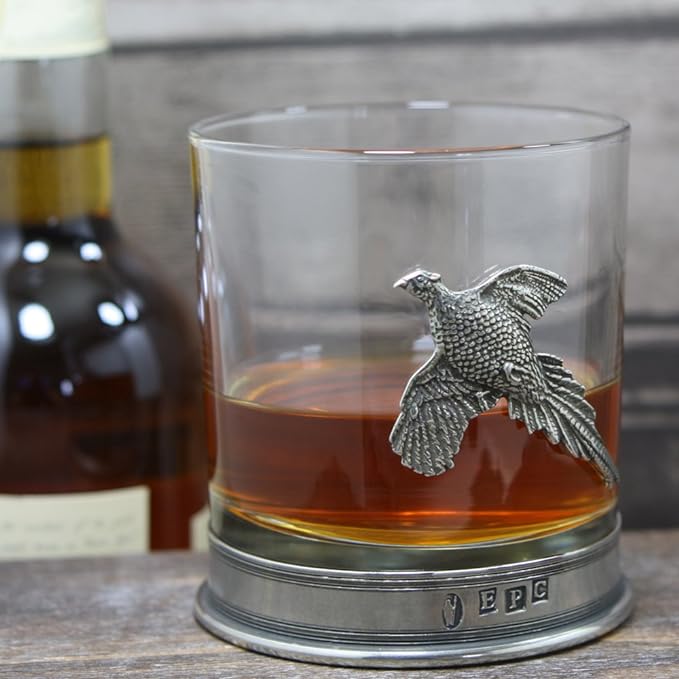 English Pewter Company Whisky Tumbler Glass with Pewter Base and Pheasant Motif [PHS104] - British D'sire