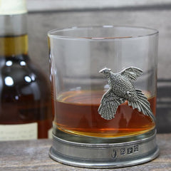 English Pewter Company Whisky Tumbler Glass with Pewter Base and Pheasant Motif [PHS104] - British D'sire