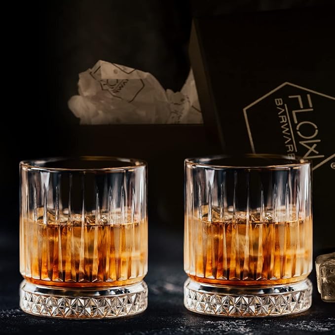 FLOW Barware GEO Whiskey Glasses | 350ml Whisky Glass | Set of 2 Whiskey Glasses | Whisky Tumbler for Scotch, Bourbon, Gin & Tonic & Negroni Cocktail | Whiskey Glassware Gift Set - British D'sire