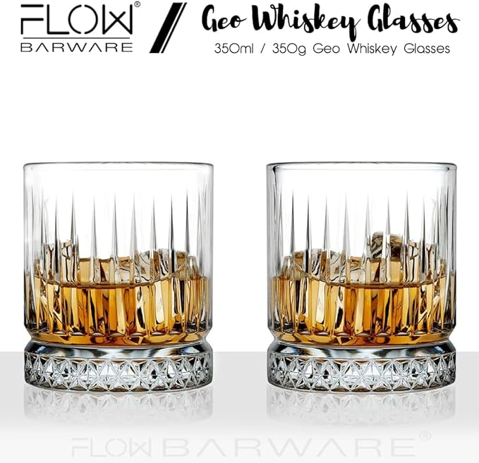 FLOW Barware GEO Whiskey Glasses | 350ml Whisky Glass | Set of 2 Whiskey Glasses | Whisky Tumbler for Scotch, Bourbon, Gin & Tonic & Negroni Cocktail | Whiskey Glassware Gift Set - British D'sire