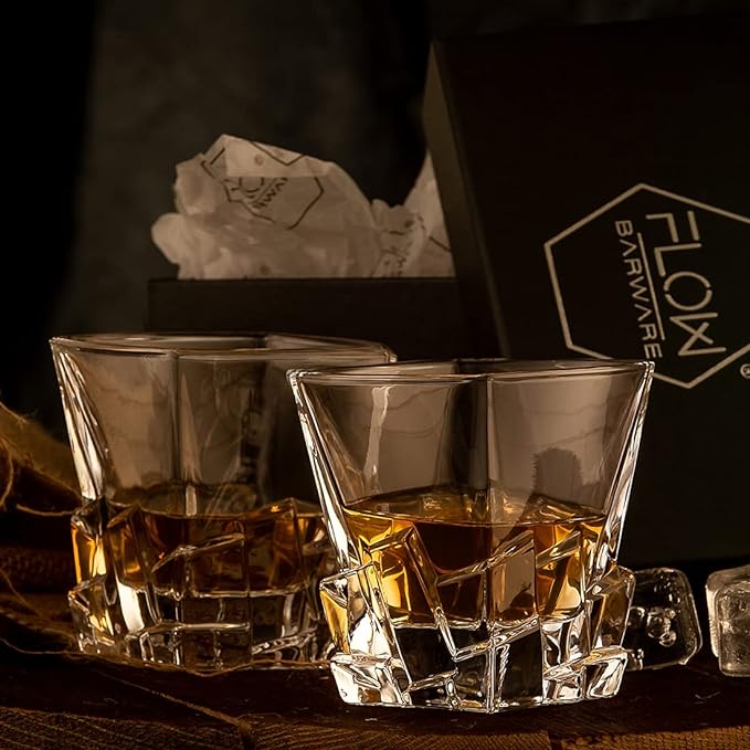 FLOW Barware Iceberg Whiskey Glasses Set of 2, Whisky Glass Gift Set with Unique Design & Heavy Base | Whiskey Tumblers for Scotch Bourbon Gin & Vodka - British D'sire