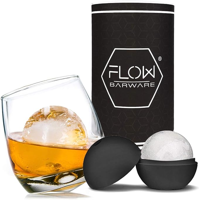 FLOW Barware Rocking Whiskey Glass | Whiskey Gift Set with Whiskey Glass & Ice Ball Mould | Whisky Glass Gifts for Men | Birthday, Father's Day Gift, Christmas | Whiskey Glass Set - British D'sire