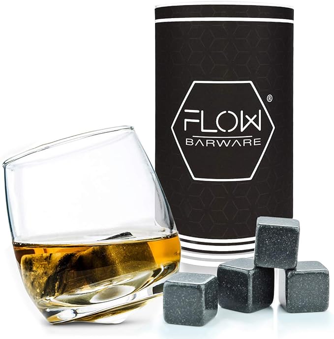 FLOW Barware Rocking Whiskey Glass | Whiskey Gift Set with Whiskey Glass & Non Diluting Whiskey Stones | Whisky Glass with Whisky Stones Gifts for Men Birthday, Father's Day, Christmas - British D'sire