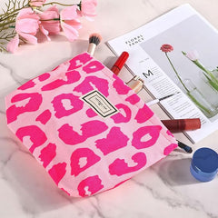 Fycyko Makeup Bag Cute Leopard Printing Canvas Toiletry Bag Travel Makeup Pouch Organiser Cosmetic Bag for Women Girls-Pink - British D'sire