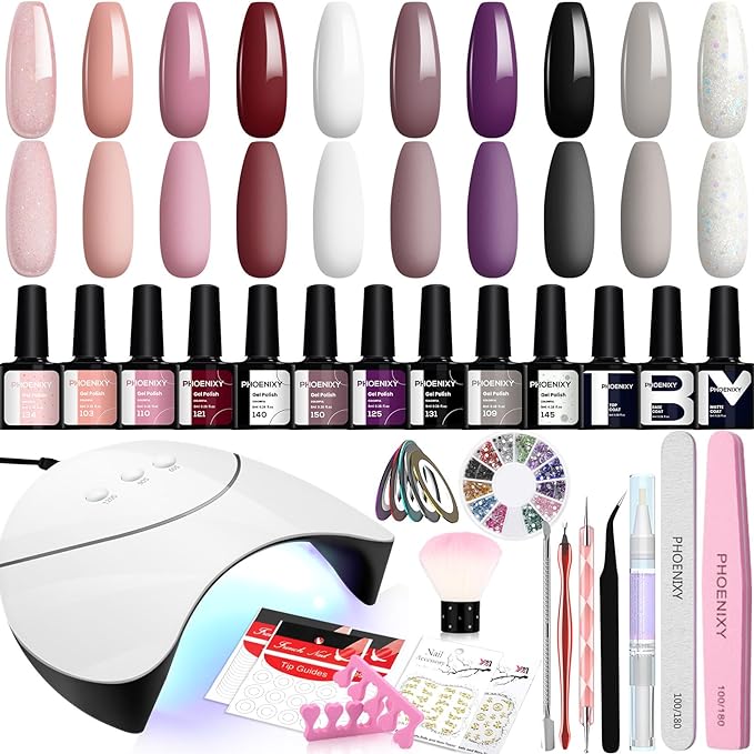 Gel Nail Kit, Phoenixy 10 Colours Nail Polishes Starter Kit with 36W U V LED Soak Off Nail Polish Gel Lamp Manicure Tools Gel Nail Polish Kit Gifts Set for Women - British D'sire