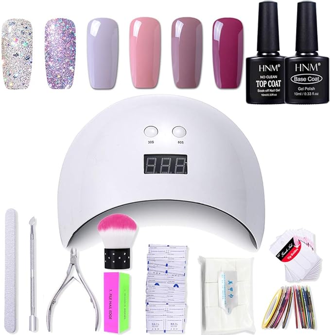 Gel Nail Polish HNM 6 Gel Nail Starter Kit with 24W LED Curing Lamp Base and Top Coat UV LED Soak Off Nail Polish Remover Wrap Manicure Tools Gift Set - British D'sire