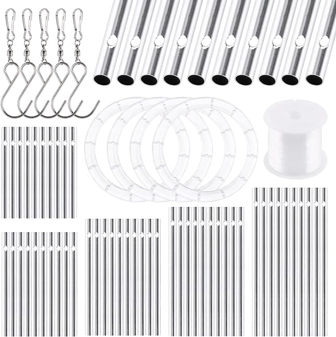 Glarks 60Pcs Wind Chime Kit Including 50Pcs 11.5cm 10cm 9cm 8cm 7cm Wind Chime Tubes and 5Pcs Swivel Hooks Clips with 100m Wind Chime Wire and 5Pcs Wind Chime Top Circles for Home Garden Decorations - British D'sire