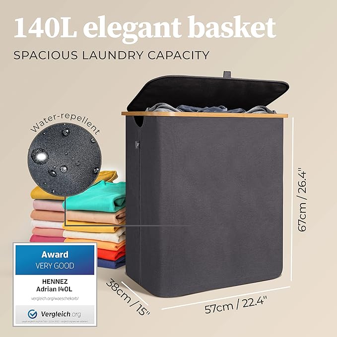 HENNEZ 141L Laundry Basket 2 Compartments - Laundry Basket with Lid - Double Washing Basket for Laundry - Laundry Hamper With Lid - Laundry Bin - Dirty Clothes Basket - Large Laundry Wash Basket - British D'sire