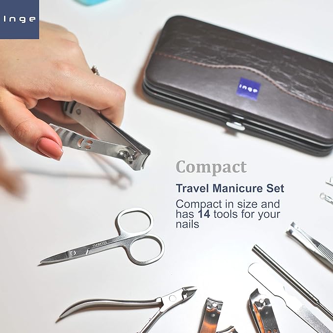 Inge Manicure Set | Leather Manicure Set | Manicure Set Men and Women | Stainless Steel Nail Kit (14 PCS) - British D'sire