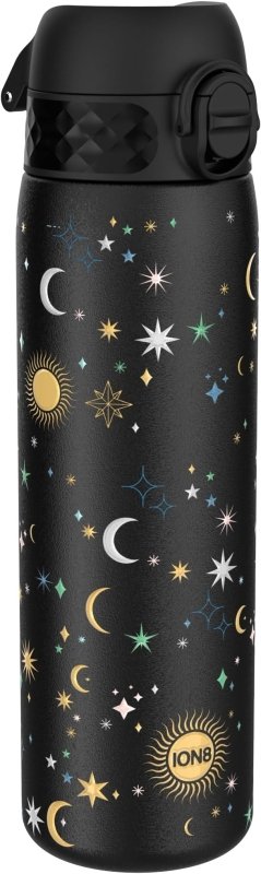 Ion8 Steel Water Bottle, 600 ml/20 oz, Leak Proof, Easy to Open, Secure Lock, Dishwasher Safe, Flip Cover, Fits Cup Holders, Carry Handle, Durable, Metal Water Bottle, Raised Print, Celestial Design - British D'sire