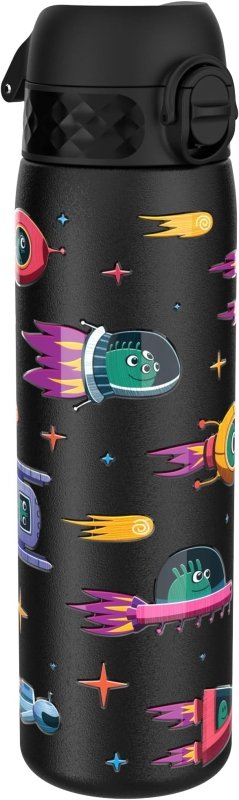 Ion8 Steel Water Bottle, 600 ml/20 oz, Leak Proof, Easy to Open, Secure Lock, Dishwasher Safe, Flip Cover, Fits Cup Holders, Carry Handle, Durable, Metal Water Bottle, Raised Print, Spaceships Design - British D'sire